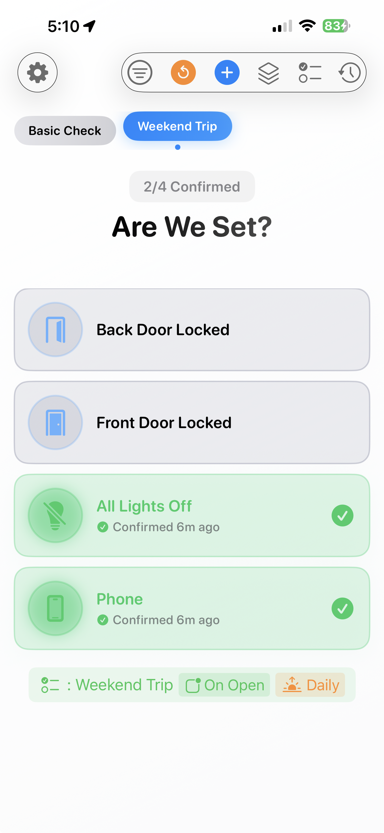 Are We Set? checklist list view showing confirmed and unconfirmed items with multiple tabs