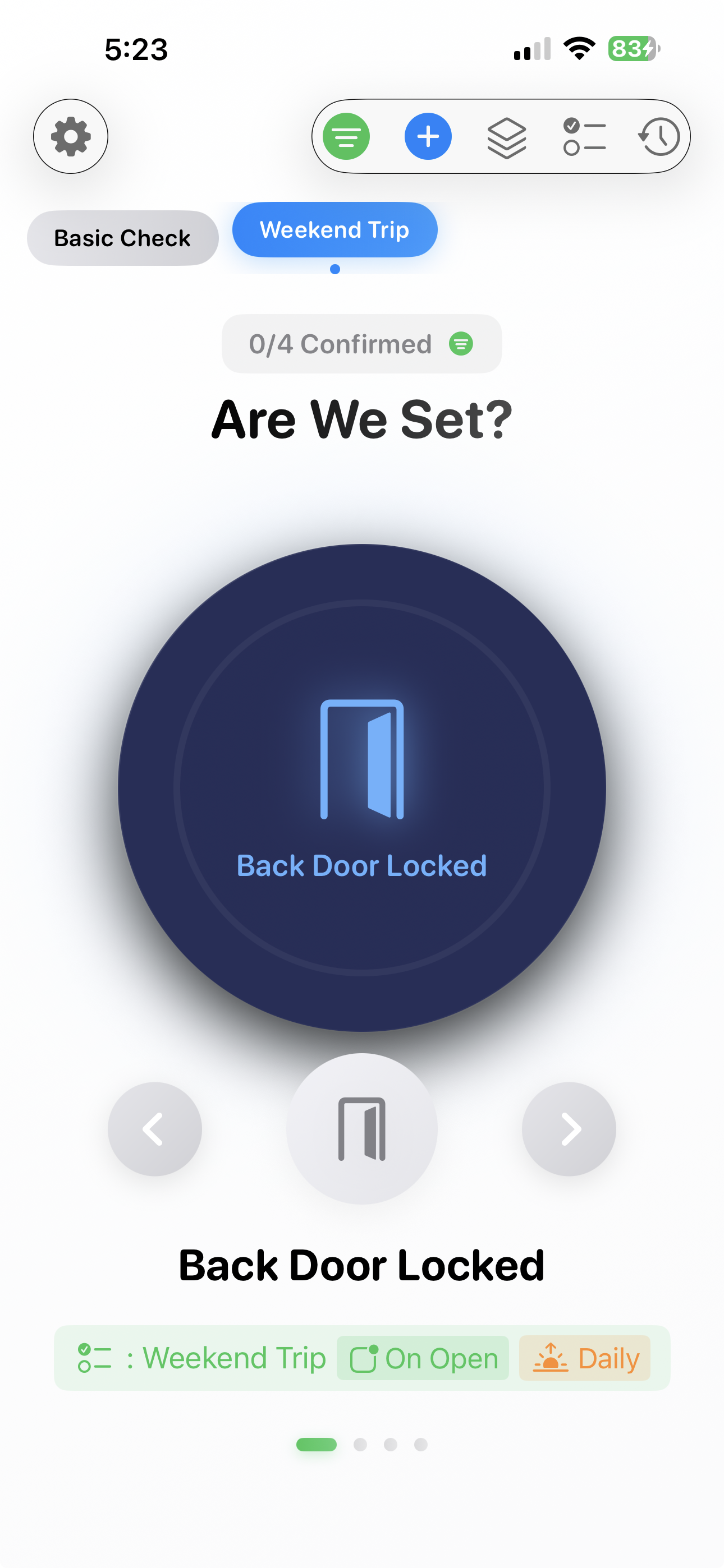 Are We Set? button view with swipeable checklist item confirmation