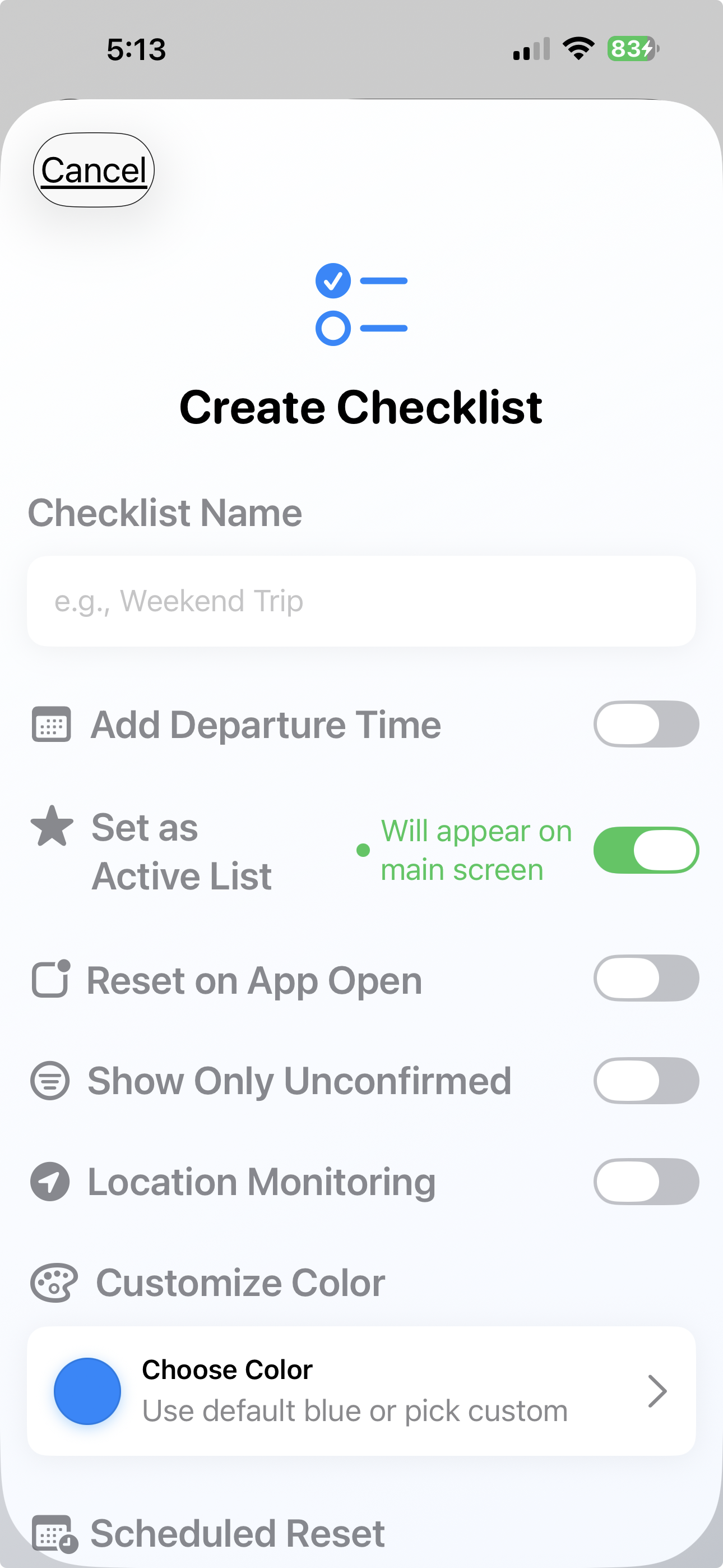 Create checklist screen with options for reset on app open, location monitoring, and custom colors