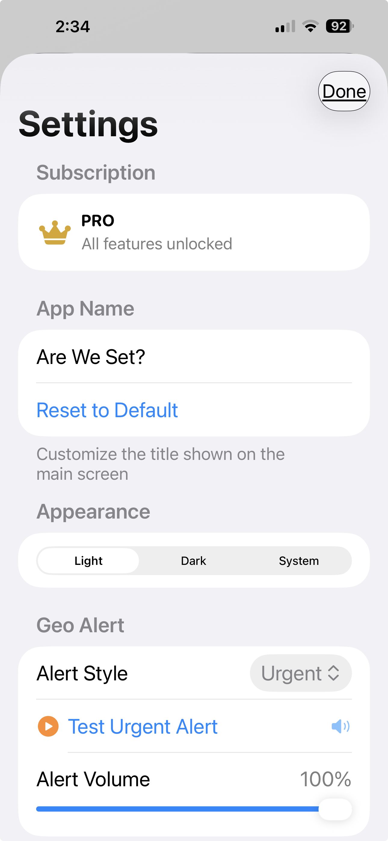 Are We Set? settings screen showing Pro subscription, custom app name, appearance, and geo alert options